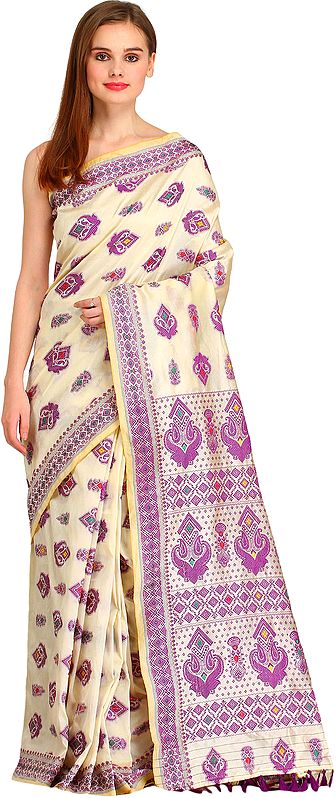 Cream and Purple Sari from Assam with Woven Large Bootis