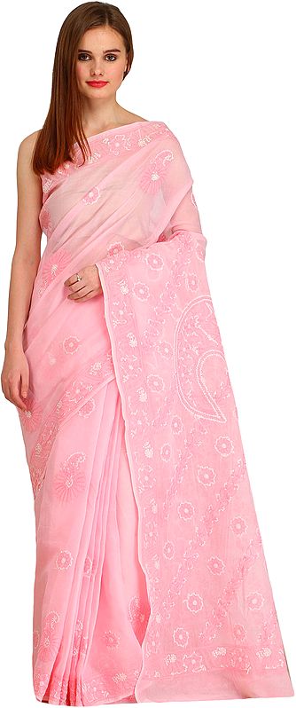 Orchid-Pink Sari from Lucknow with Chikan Hand-Embroidered Flowers and Giant Paisley on Pallu