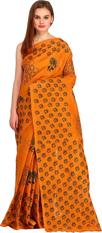 Golden-Oak Floral Block-Printed Sari