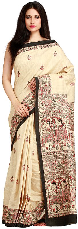 Almond-Oil Sari from Jharkhand with Printed Madhubani Marriage Procession on Pallu