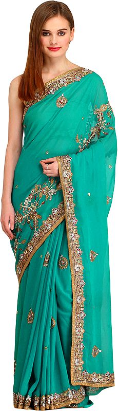 Tropical-Green Designer Wedding Sari with Floral-Embroidered Beads and Stones