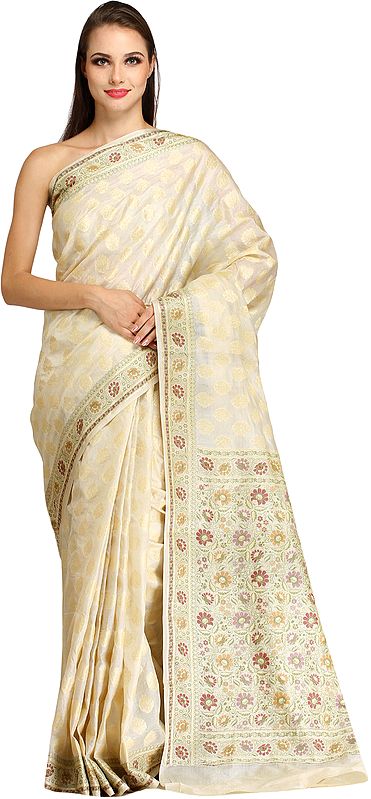 Off-White Butter-Crepe Sari from Banaras wit Woven Bootis and Flowers on Pallu