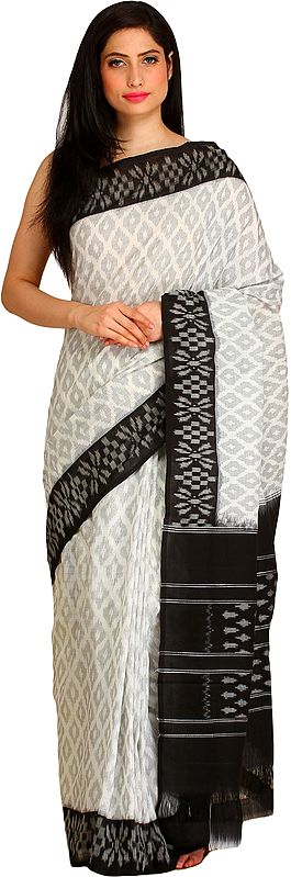Ivory and Black Ikat Handloom Sari from Pochampally with Woven Bootis