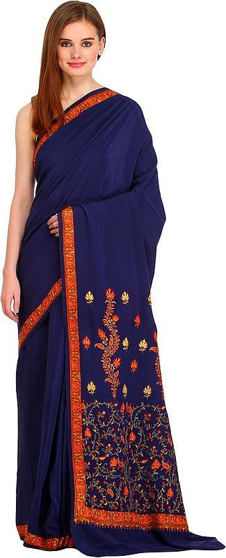 Blue-Depths Plain Kashmiri Sari with Needle Hand-Embroidered Maple Leaves on Pallu