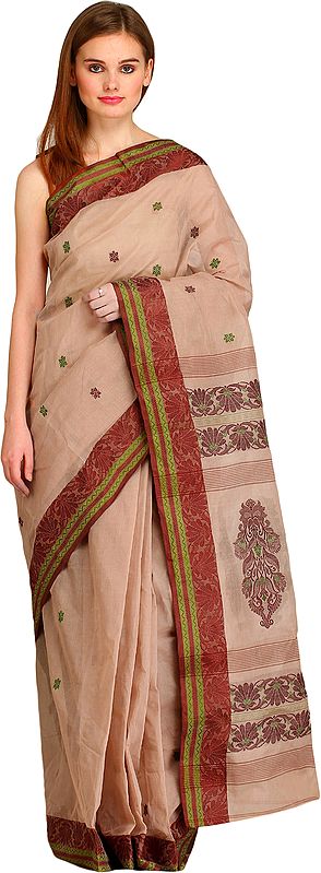 Moonlight Sari from Bengal with Woven Bootis and Floral Motifs on Pallu