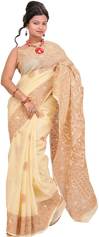 Vanilla-Cream Lukhnavi Chikan Sari with Floral-Embroidery by Hand