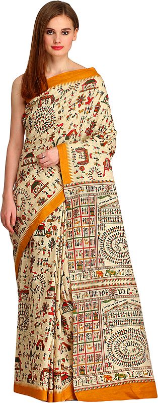 Almond-Oil Printed Sari from Bengal with Warli Folk Motifs All-Over and Temple Border