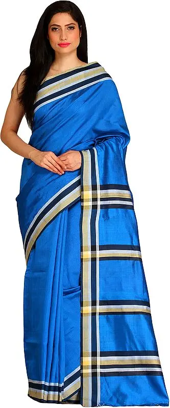 Imperial-Blue Plain Saree from Bengal with Woven Stripes