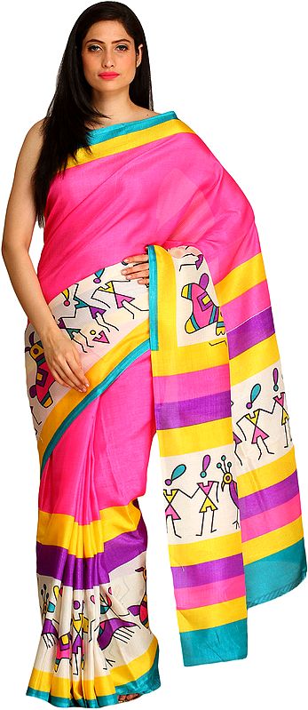 Azalea-Pink Bhagalpuri Saree with Printed Warli Folk Motifs and Striped Border