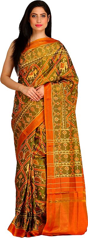 Olive-Green Handloom Paan-Patola Sari from Patan with Ikat Woven Motifs