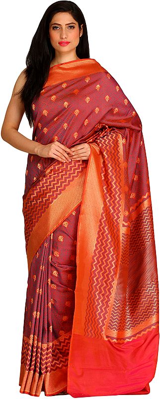 Baroque-Rose Banarasi Sari with Zigzag Weave and Zari-Woven Bootis