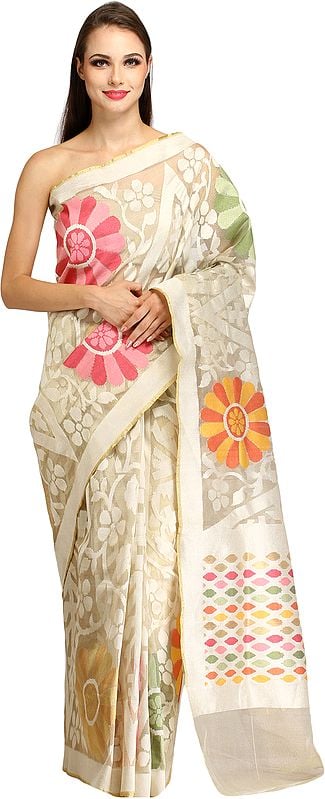 Pristine-White Tissue Sari from Banaras with Woven Giant Flowers