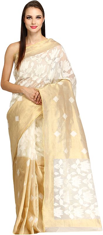 Ivory and Golden Wedding Sari from Banaras with Woven Lotuses in Self Color Thread