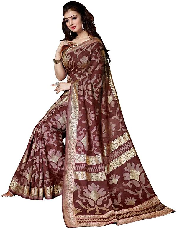 Apple-Butter Kashida Silk Striped Sari with Giant Floral Weave and Golden Print on Border