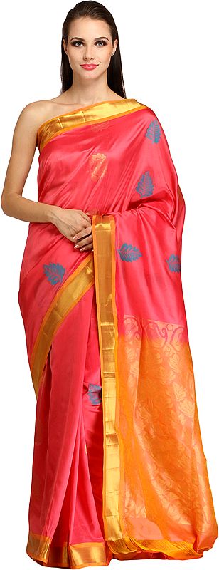 Sunkist-Coral Handloom Sari from Bangalore with Woven Large Bootis and Brocaded Pallu