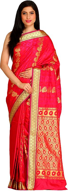 Red and Golden Sari from Bangalore with Zari-Woven Paisleys and Brocaded Pallu