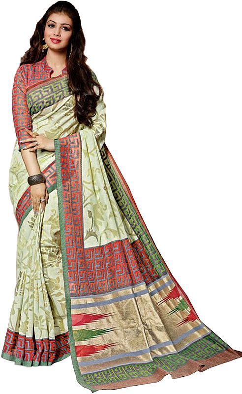 Lime-Cream Kashida Silk Sari with Woven Lotuses in Self Color Thread