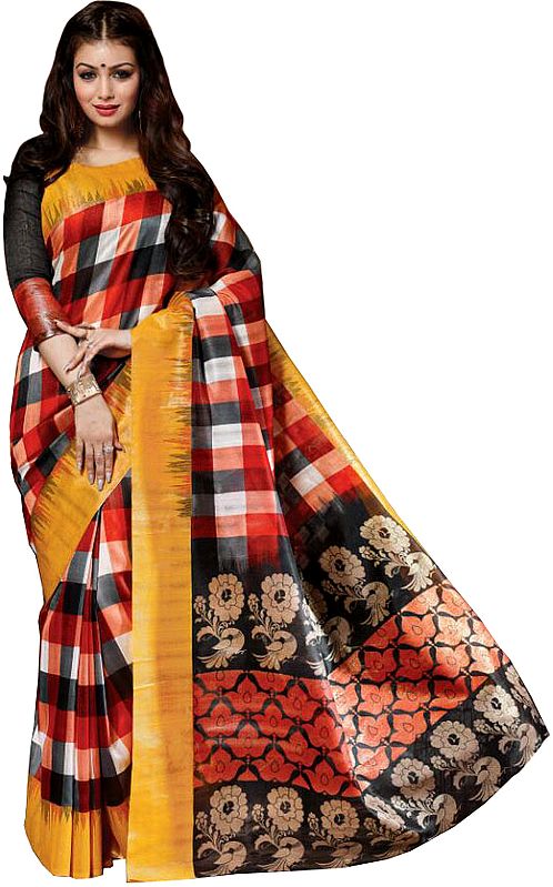 Multicolored Sanganeri-Silk Sari with Woven Checks and Peacocks on Pallu