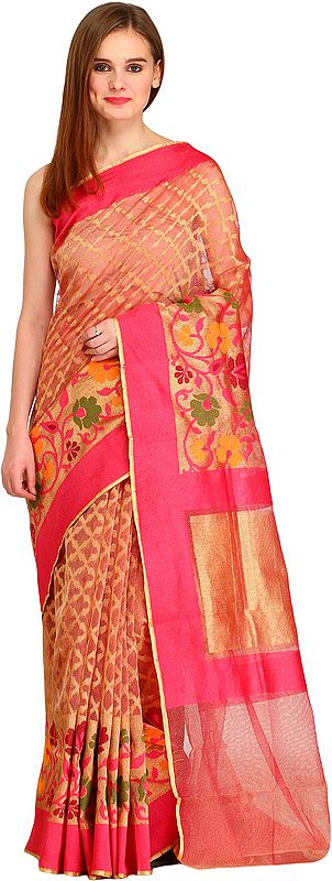 Golden and Pink Wedding Tissue Sari from Banaras with Woven Flowers on Border