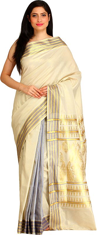Ivory and Golden Striped Kasavu Tissue Sari with Woven Peacock Pair