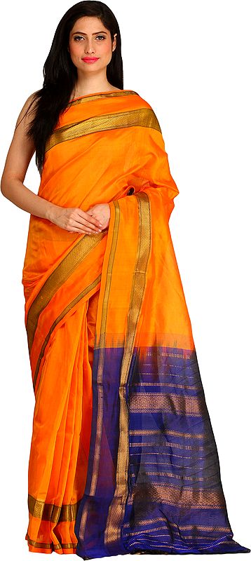 Bright-Marigold and Blue Sari from Chennai with Zari Weave on Pallu