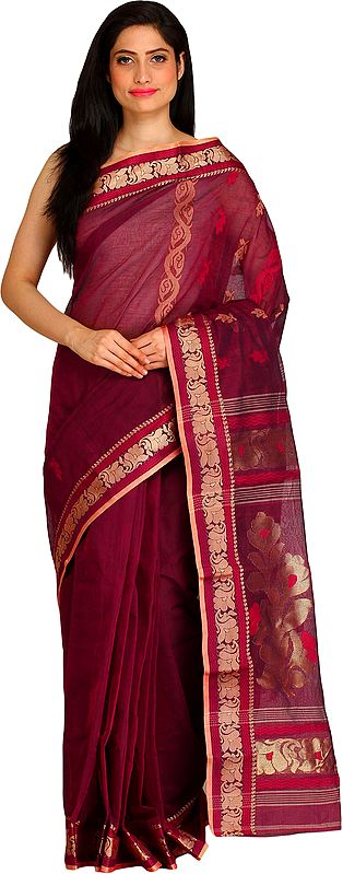 Mauve-Wine Purbasthali Tangail Sari from Bengal with Floral Woven Border and Pallu