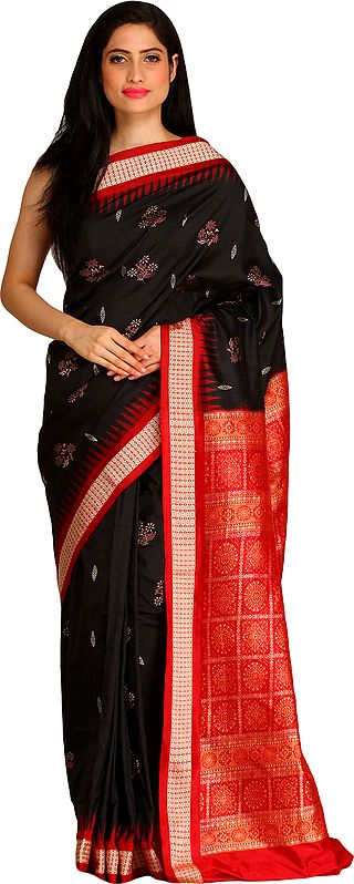 Black and Red Bomkai Sari from Orissa with Large Bootis and Dense Weave on Pallu