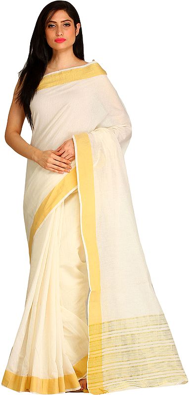 Ivory Puja Sari from Bengal with Woven Stripes in Self Color Thread and Golden Solid Border