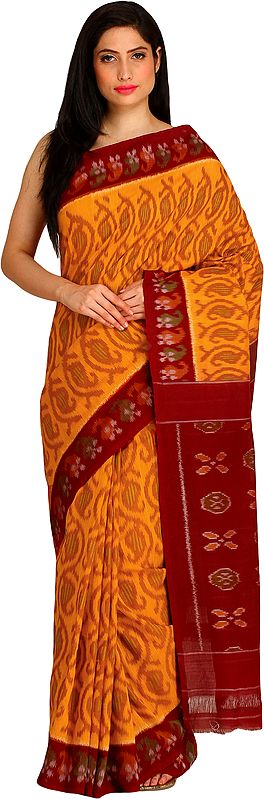 Orange and Maroon Ikat Handloom Sari from Pochampally with Woven Paisleys