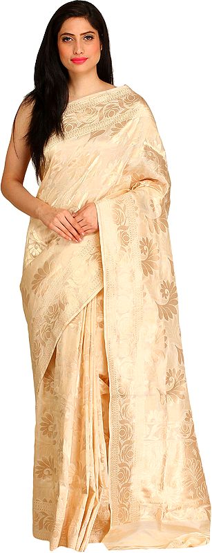 Pearled-Ivory Wedding Sari from Banaras with Woven Golden Flowers All-Over