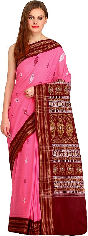 Pink and Maroon Bomkai Sari from Orissa with Rudraksha Border and Floral Weave on Pallu