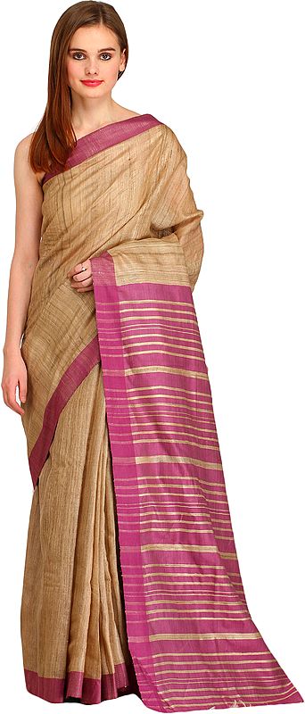 Light-Taupe and Tulipwood Kosa Sari from Bengal with Striped Pallu