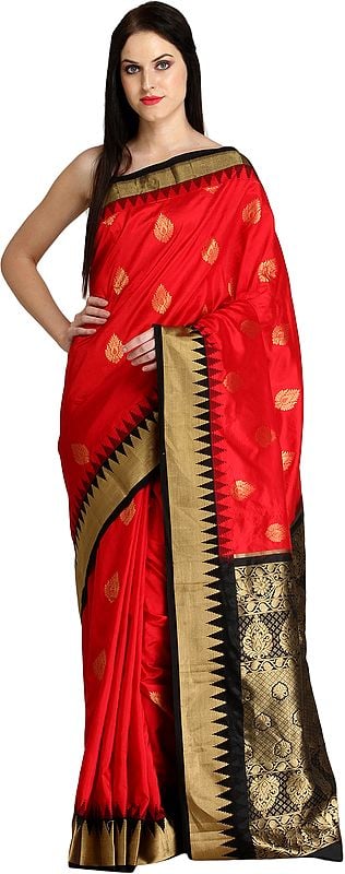Red and Black Sari from Bangalore with Temple Border and Brocaded Bootis