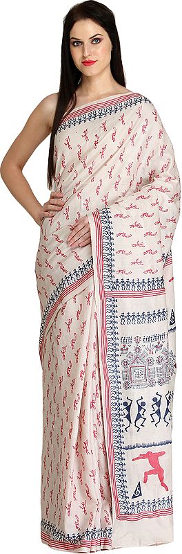 Dusty-White Sari from Madhya Pradesh with Printed Warli Folk Motifs