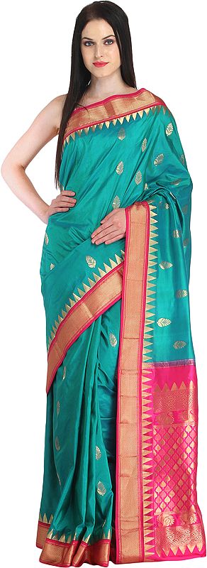 Green and Pink Wedding Sari from Bangalore with Zari-Woven Bootis and Temple Border