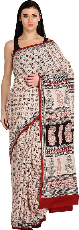 Off-White Block Printed Sari from Madhya Pradesh with Bootis All-Over
