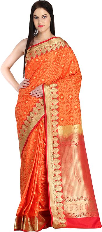 Orange and Red Sari from Bangalore with Woven Flowers and Brocaded Border