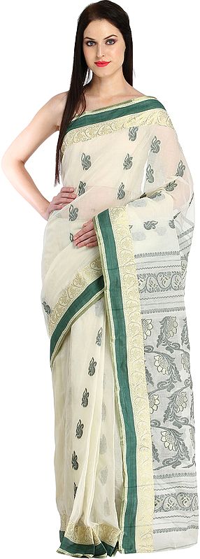 Ivory Sari from Bengal with Zari Weave on Border and Sunflowers on Pallu