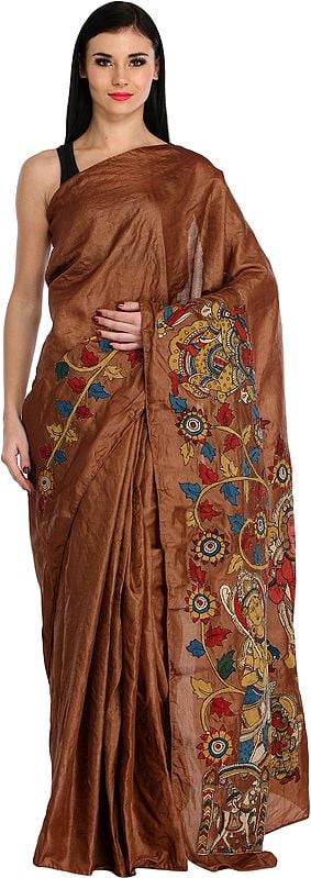 Thrush-Brown Plain Sari from Chennai with Kalamkari Floral Applique and Depicting Rama Durbar on Pallu