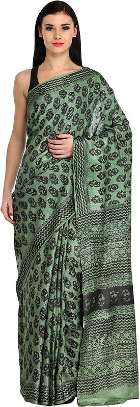 Mineral-Green Sari with Block Printed Bootis and Zigzag Border