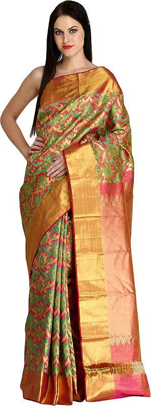 Pink and Green Super-Fine Tissue Sari from Bangalore with Hand-woven Flowers and Golden Border