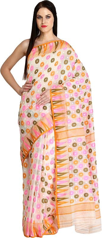 Ivory Purbasthali Jamdani Sari from Bengal with Woven Bootis and Temple Border