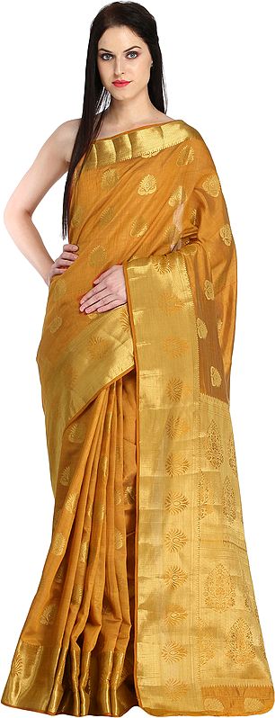 Sudan-Brown Sari from Bangalore with Golden Woven Bootis and Dense Weave on Pallu