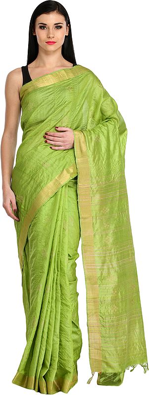 Parrot-Green Kosa Sari from Jharkhand with Woven Stripes on Pallu and Golden Border