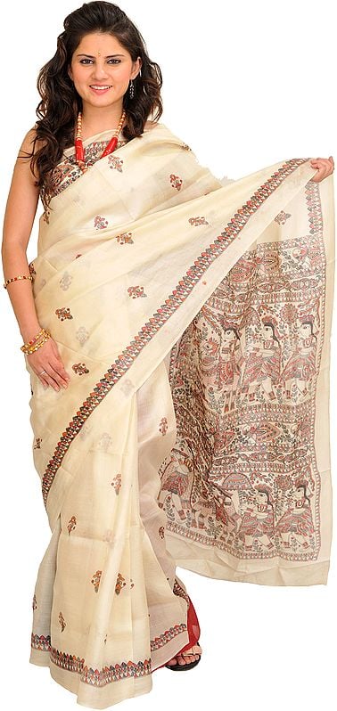Cream Sari from Bengal with Printed Madhubani Folk Motifs