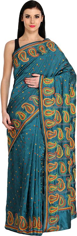 Celestial-Blue Kantha Sari from Kolkata with Hand-Embroidered Paisleys and Bootis