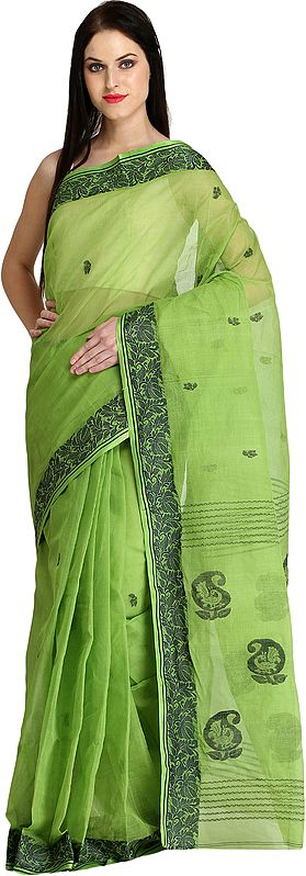 Parrot-Green Tant Sari from Bengal with Woven Floral Border and Paisleys on Pallu
