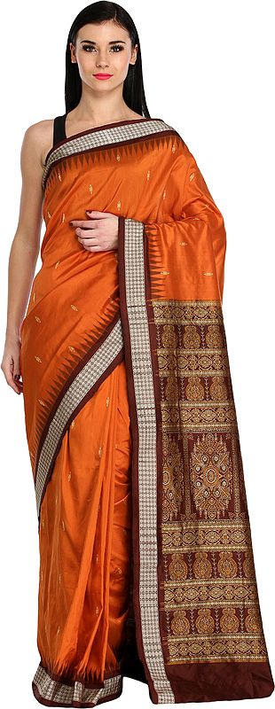 Apricot-Orange and Coffee Handloom Sari from Orissa with Bomkai Weave