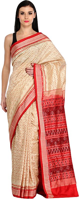 Cream and Red Sambhalpuri Handloom Sari from Orissa with Ikat Weave