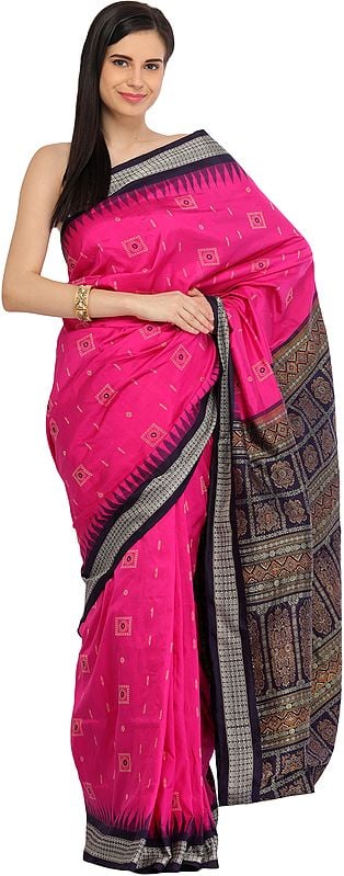 Pink and Dark-Purple Sambhalpuri Handloom Sari from Orissa with Bomkai Weave